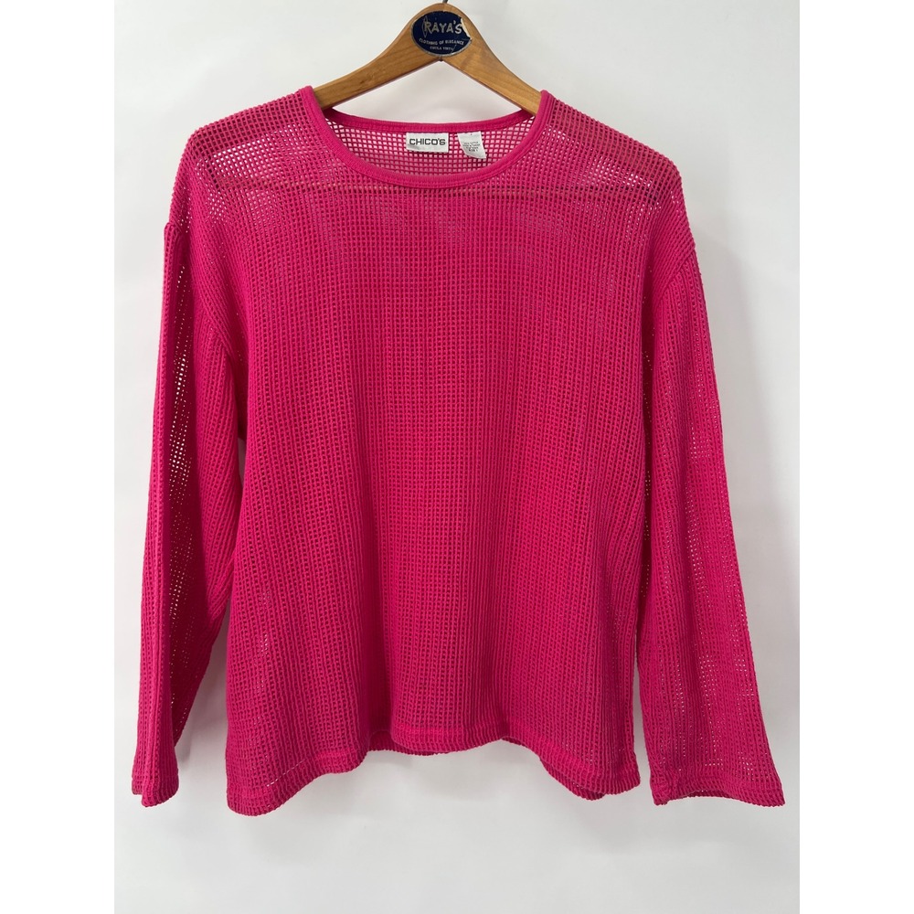 Chicos Hot Pink Fishnet Mesh Open Knit Cotton Sweater Top Size M Womens M Beach